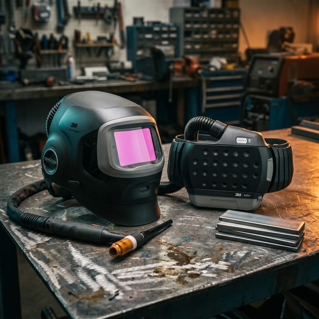 Speedglas welding helmet and 3M Adflo powered air purifying respirator on a workshop workbench