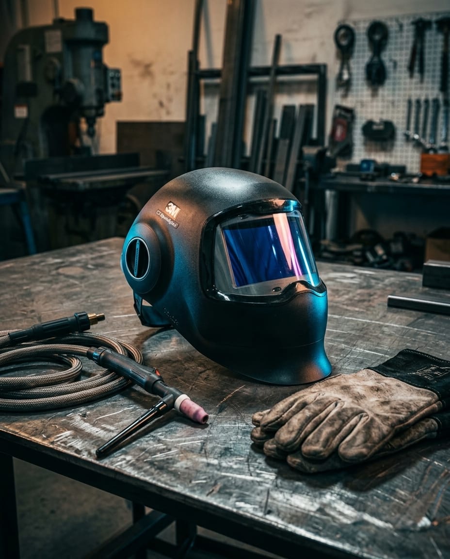 Speedglas welding helmet with welding torch and leather gloves on a metal workbench