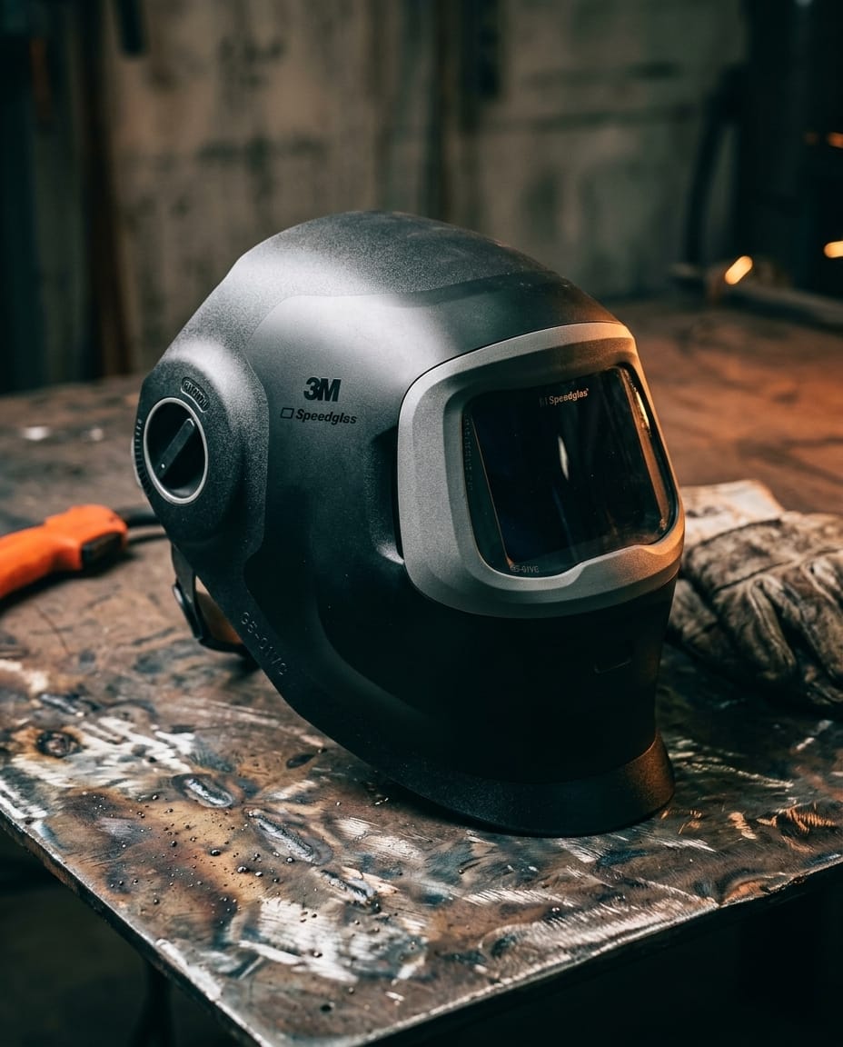 3M Speedglas welding helmet on a metal workbench