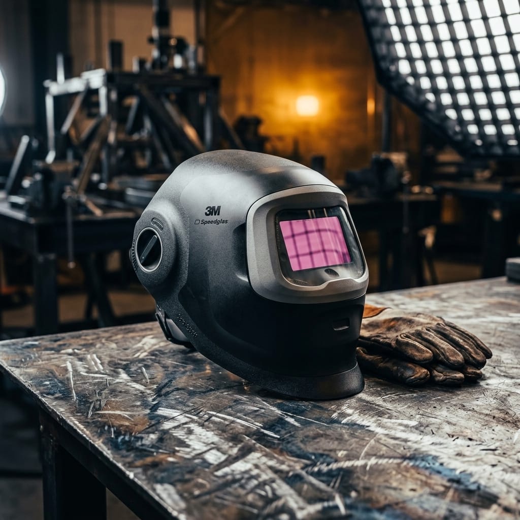 3M Speedglas welding helmet on a metal workbench with leather gloves