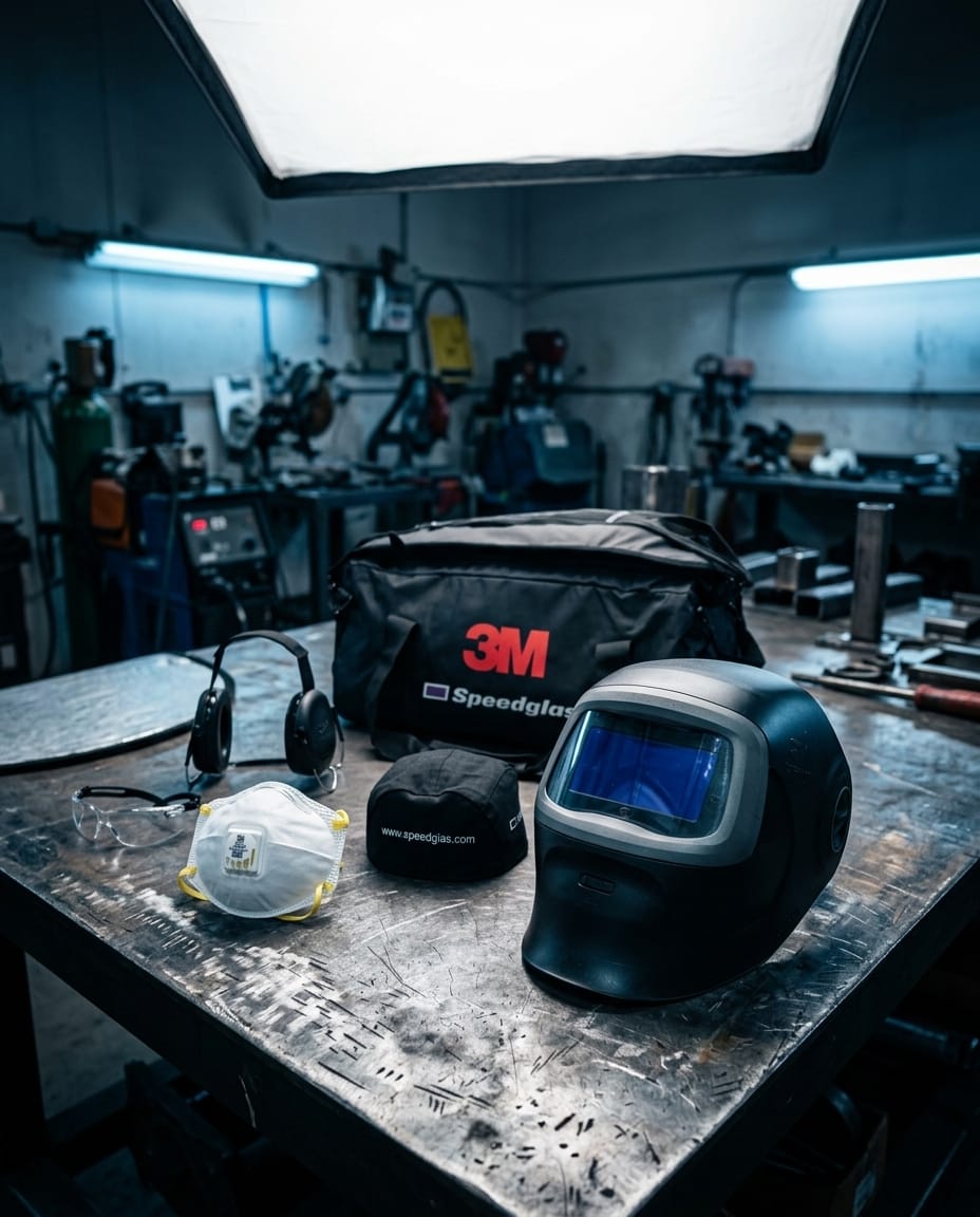 Speedglas welding helmet with safety gear and storage bag on a workshop workbench