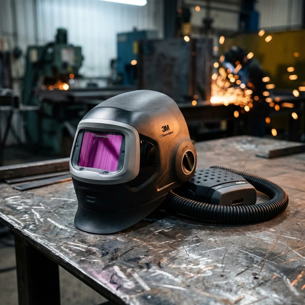 Speedglas welding helmet with air filtration unit on a metal workbench