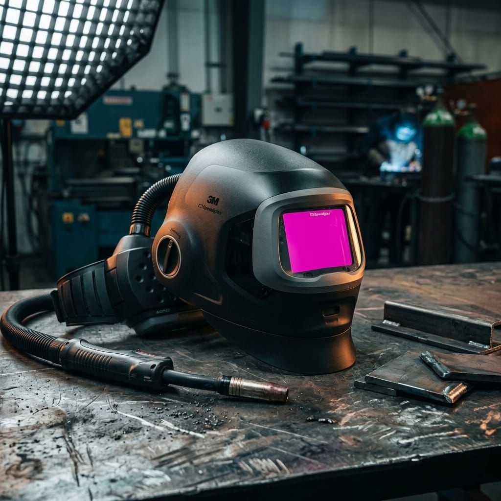 Speedglas welding helmet with pink filter on a workshop table