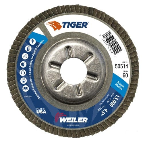 Weiler Abrasives Weiler Tiger Aluminum Back Flap Disc- 4 1/2" Type 29 7/8 Arbor 60 Grit 50514