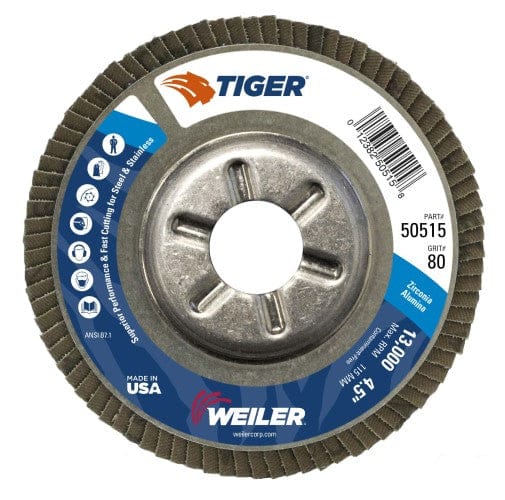 Weiler Abrasives Weiler Tiger Aluminum Back Flap Disc- 4 1/2" Type 29 7/8 Arbor 80 Grit 50515