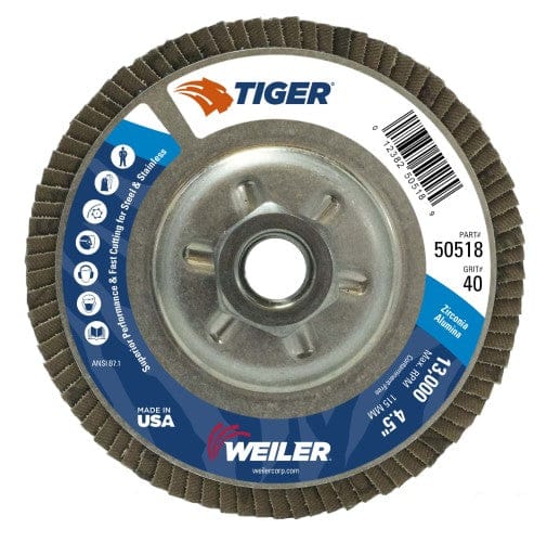 Weiler Abrasives Weiler Tiger Aluminum Back Flap Disc- 4 1/2" Type 29 w/Hub 40 Grit 50518