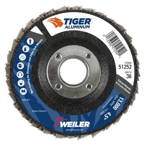 Weiler Abrasives Weiler Tiger Aluminum Flap Disc- 4 1/2" Type 27 7/8 Arbor 36 Grit 51252