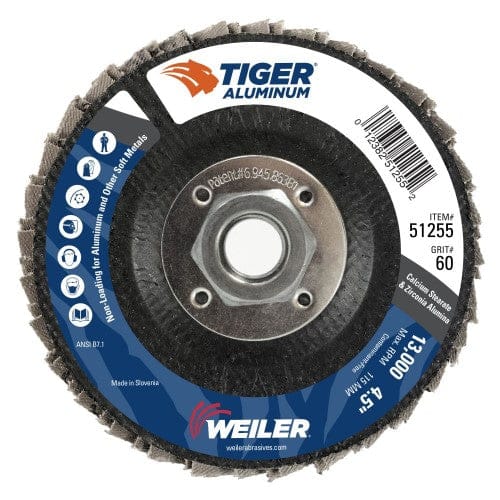 Weiler Abrasives Weiler Tiger Aluminum Flap Disc- 4 1/2" Type 29 5/8"-11 Nut 60 Grit 51255
