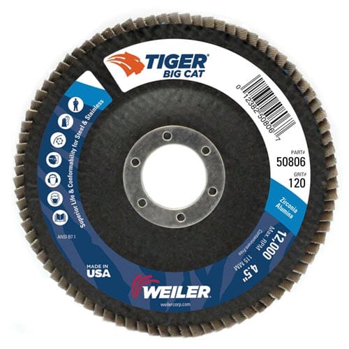 Weiler Abrasives Weiler Tiger Big Cat Flap Disc - 4 1/2" Type 27 7/8 Arbor 120 Grit 50806