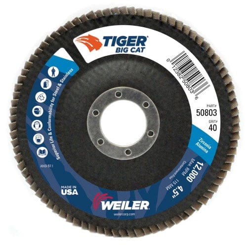 Weiler Abrasives Weiler Tiger Big Cat Flap Disc - 4 1/2" Type 27 7/8 Arbor 40 Grit 50803