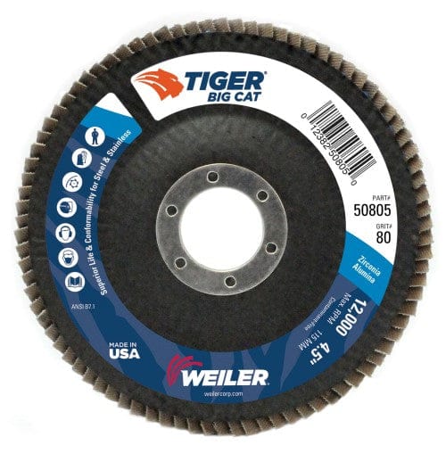 Weiler Abrasives Weiler Tiger Big Cat Flap Disc - 4 1/2" Type 27 7/8 Arbor 80 Grit 50805