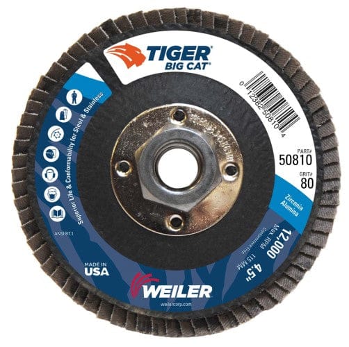 Weiler Abrasives Weiler Tiger Big Cat Flap Disc - 4 1/2" Type 27 w/Hub 80 Grit 50810