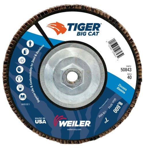Weiler Abrasives Weiler Tiger Big Cat Flap Disc - 7" Type 27 w/Hub 40 Grit 50843