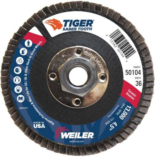 Weiler Abrasives Weiler Tiger Ceramic Flap Disc- 4 1/2" Type 29 w/Hub 36 Grit 50104