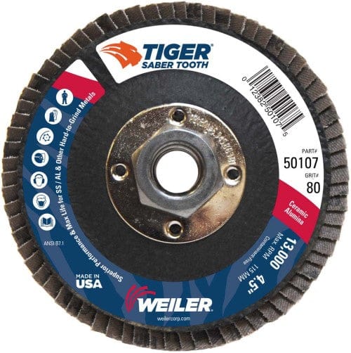 Weiler Abrasives Weiler Tiger Ceramic Flap Disc- 4 1/2" Type 29 w/Hub 80 Grit 50107