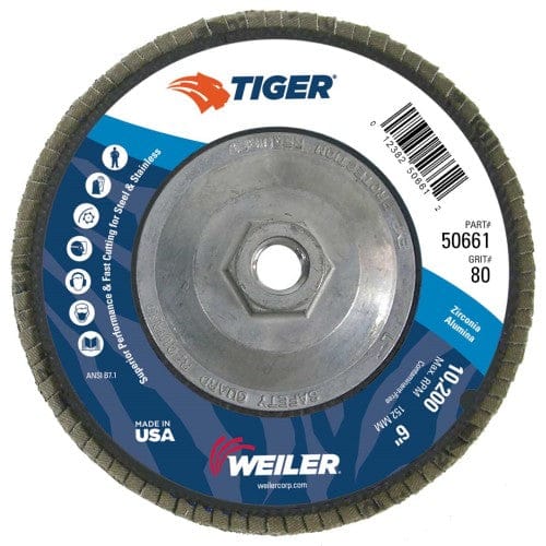 Weiler Abrasives Weiler Tiger Flap Disc - 6" Type 29 w/Hub 80 Grit 50661