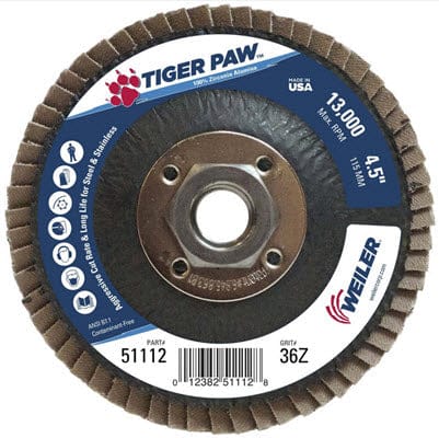 Weiler Abrasives Weiler Tiger Paw Flap Disc - 4 1/2" Type 27 w/Hub 36 Grit 51112