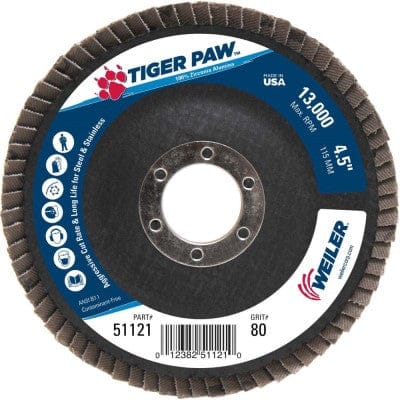 Weiler Abrasives Weiler Tiger Paw Flap Disc - 4 1/2" Type 29 7/8 Arbor 80 Grit 51121