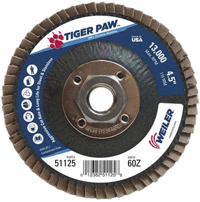 Weiler Abrasives Weiler Tiger Paw Flap Disc - 4 1/2" Type 29 w/Hub 60 Grit 51125