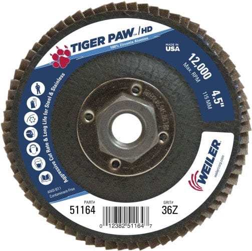 Weiler Abrasives Weiler Tiger Paw HD Flap Disc - 4 1/2" Type 27 w/Hub 36 Grit 51164