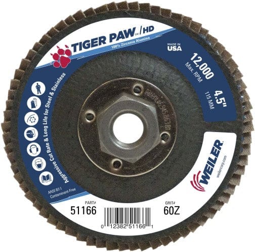 Weiler Abrasives Weiler Tiger Paw HD Flap Disc - 4 1/2" Type 27 w/Hub 60 Grit 51166