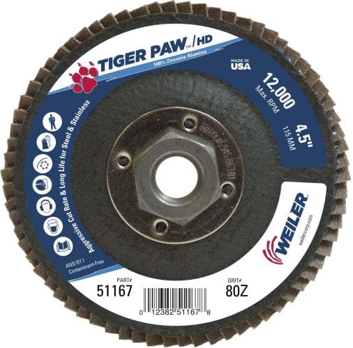 Weiler Abrasives Weiler Tiger Paw HD Flap Disc - 4 1/2" Type 27 w/Hub 80 Grit 51167