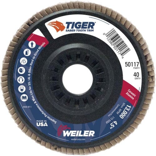 Weiler Abrasives Weiler Tiger Trim Ceramic Flap Disc- 4 1/2" Type 29 7/8 Arbor 40 Grit 50117