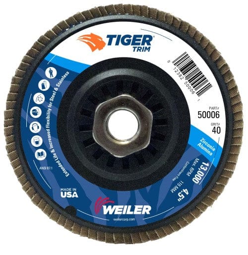 Weiler Abrasives Weiler Tiger Trim Flap Disc - 4 1/2" Type 29 w/Hub 40 Grit 50006