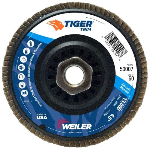 Weiler Abrasives Weiler Tiger Trim Flap Disc - 4 1/2" Type 29 w/Hub 60 Grit 50007