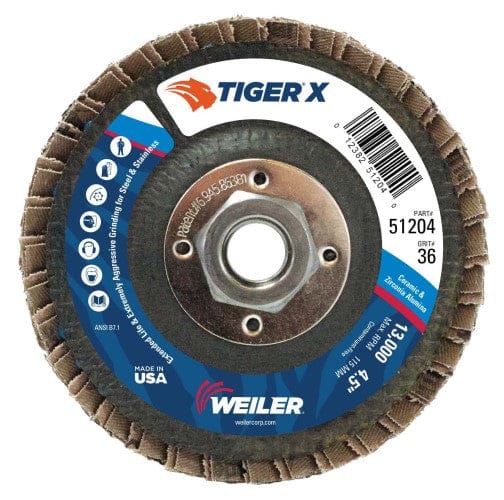 Weiler Abrasives Weiler Tiger X Flap Disc - 4-1/2" Type 29 w/Hub 36 Grit 51204