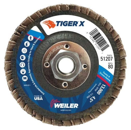 Weiler Abrasives Weiler Tiger X Flap Disc - 4-1/2" Type 29 w/Hub 80 Grit 51207