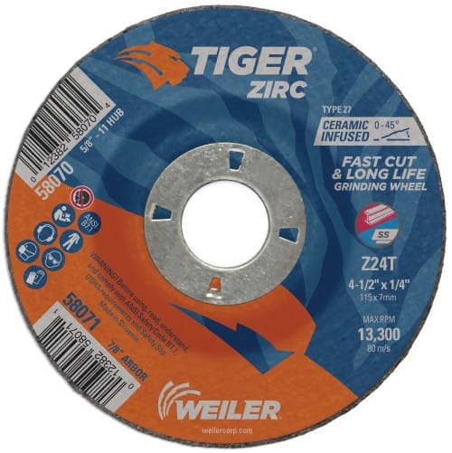 Weiler Abrasives Weiler Tiger Zirc Grinding Wheel - 4 1/2" X 1/4" Type 27 58071