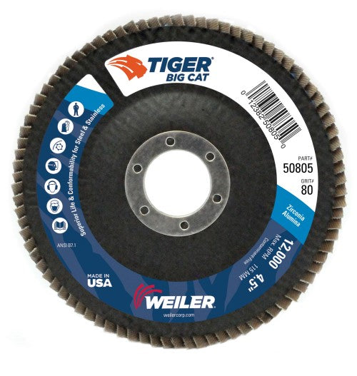 Weiler Tiger Big Cat Flap Disc - 4 1/2" Type 27 7/8 Arbor 80 Grit 50805