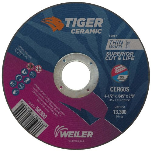 Weiler Tiger Ceramic Cutting Wheel - 4 1/2" X .045" Type 1 58300