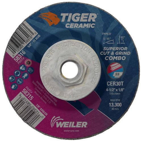 Weiler Tiger Ceramic Cut/Grind Wheel - 4 1/2" X 1/8" Type 27 58316