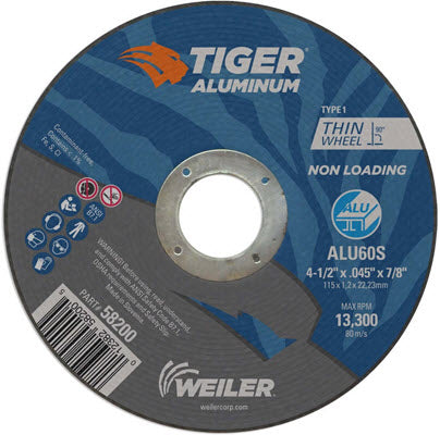 Weiler Tiger Aluminum Cutting Wheel - 4 1/2" X .045" Type 1 58200