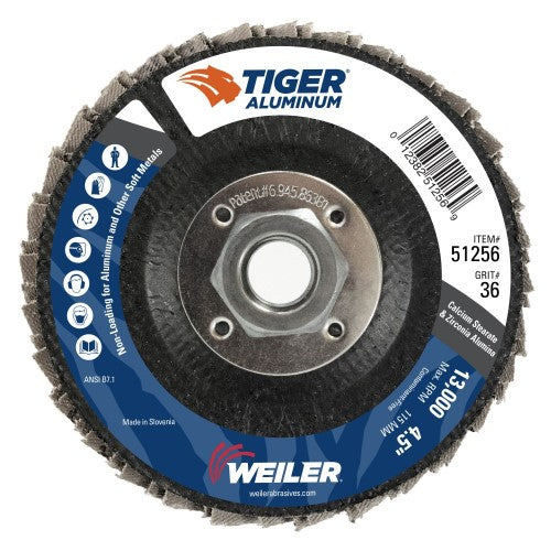 Weiler Tiger Aluminum Flap Disc- 4 1/2" Type 27 5/8"-11 Nut 36 Grit 51256
