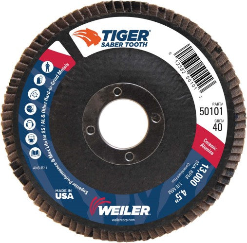 Weiler Tiger Ceramic Flap Disc - 4 1/2" Type 29 7/8 Arbor 40 Grit 50101