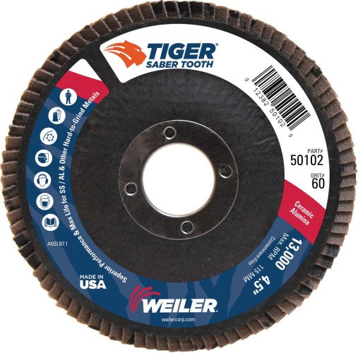 Weiler Tiger Ceramic Flap Disc- 4 1/2" Type 29 7/8 Arbor 60 Grit 50102