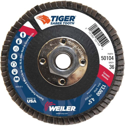 Weiler Tiger Ceramic Flap Disc- 4 1/2" Type 29 w/Hub 36 Grit 50104