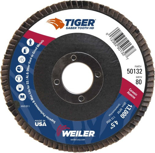 Weiler Tiger Ceramic HD Flap Disc - 4 1/2" Type 27 7/8 Arbor 80 Grit 50132