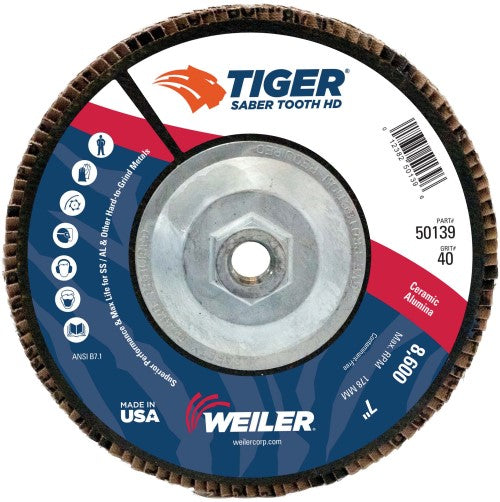Weiler Tiger Ceramic HD Flap Disc - 7" Type 27 w/Hub 40 Grit 50139