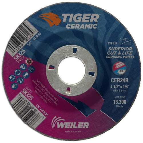 Weiler Tiger Ceramic Grinding Wheel - 4 1/2" X 1/4" Type 27 58325