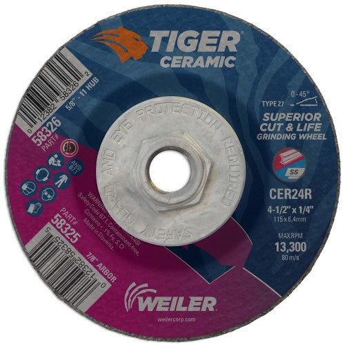 Weiler Tiger Ceramic Grinding Wheel w/Hub - 4 1/2" X 1/4" Type 27 58326