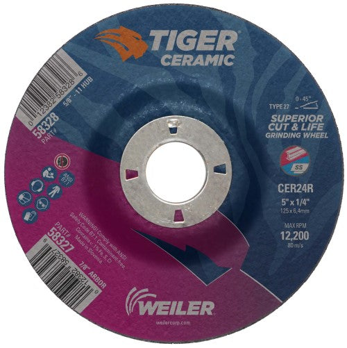 Weiler Tiger Ceramic Grinding Wheel - 5" X 1/4" Type 27 58327