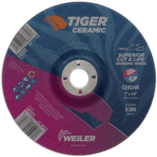 Weiler Tiger Ceramic Grinding Wheel - 7" X 1/4" Type 27 58331