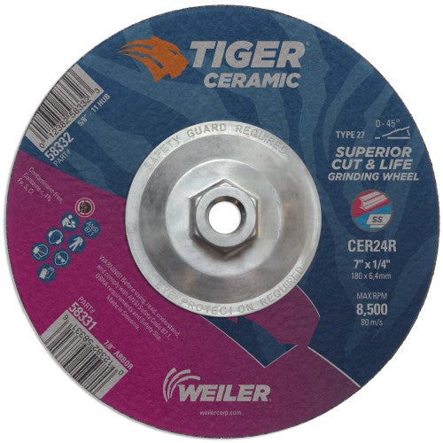 Weiler Tiger Ceramic Grinding Wheel w/Hub - 7" X 1/4" Type 27 58332