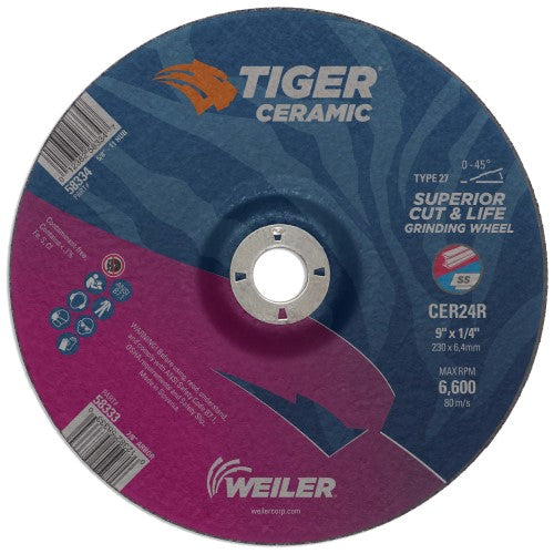 Weiler Tiger Ceramic Grinding Wheel - 9" X 1/4" Type 27 58333