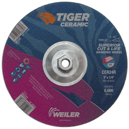 Weiler Tiger Ceramic Grinding Wheel w/Hub - 9" X 1/4" Type 27 58334