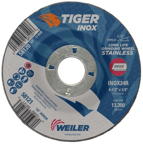 Weiler Tiger Inox Grinding Wheel - 4 1/2" X 1/4" Type 27 58121